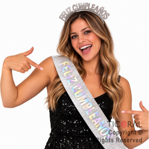 SET VINCHA PL�STICA PERLAS Y BANDA FELIZ CUMPLEA�OS GIBRE PLATA